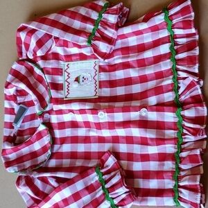 Honesty Christmas smock Santa red & white. Size 9 month preowned good condition